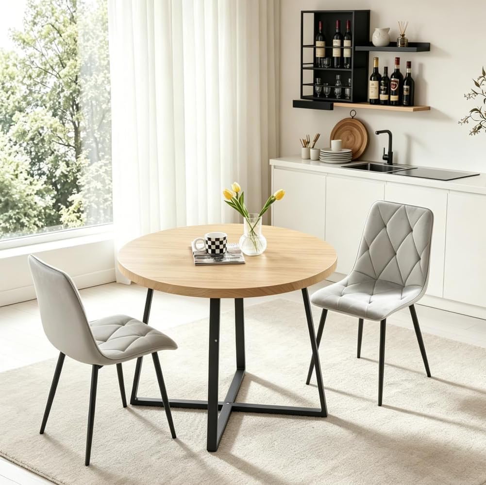 Homullel Round Dining Table and Chairs Set 2 Seater Kitchen Dining Set, 3 Pieces Table & Chairs Dinner Table Set for 2 (Oak Round Straight, 2 Seats, Grey Velvet Diamond)