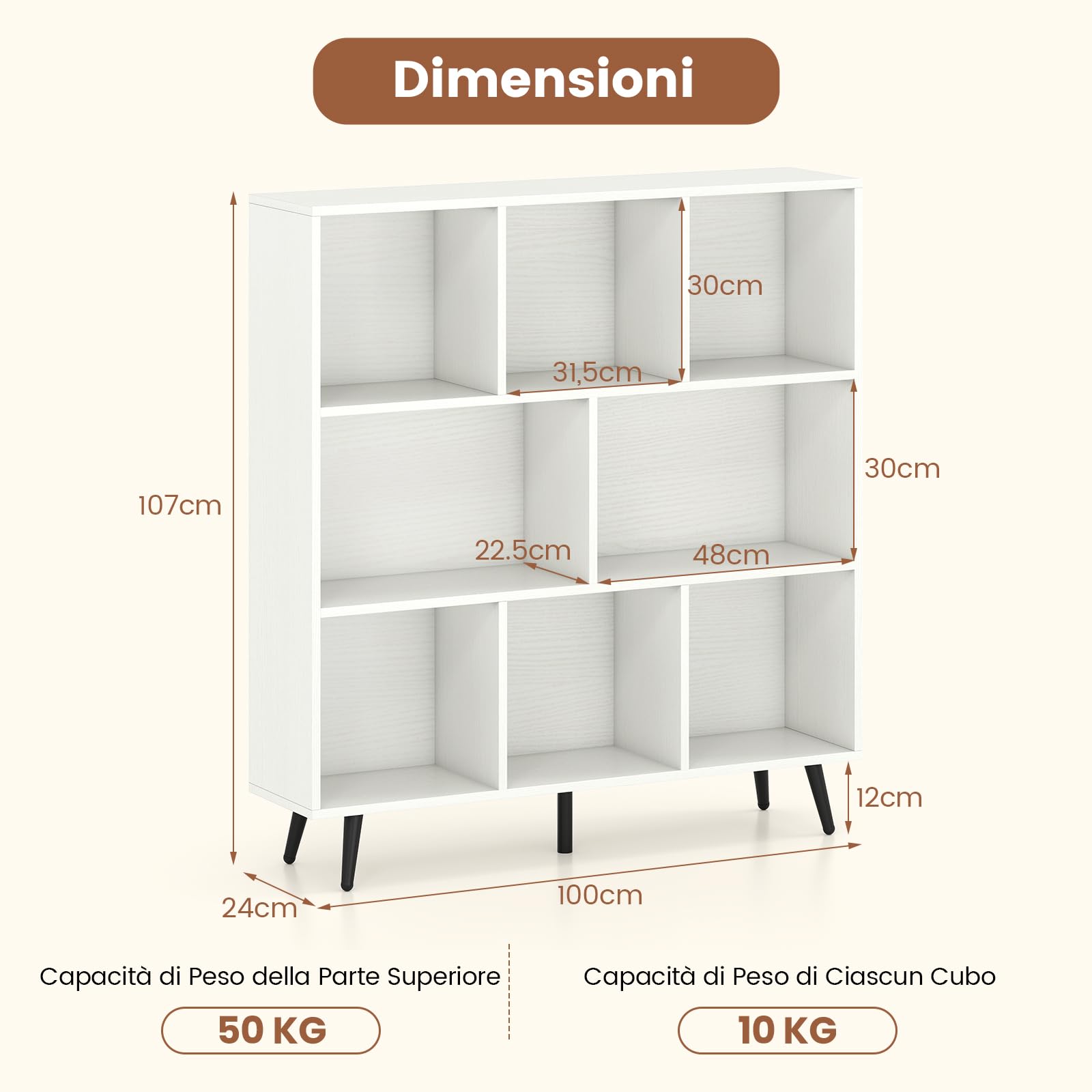 RELAX4LIFE Libreria Scaffale con 7/8/10 Scomparti, Design a Cubi, Libreria Moderno con 5 Gambe di Metallo, Mobile Salvaspazio Multiuso per Studio, Camera da Letto, Cucina, Ufficio (100cm)