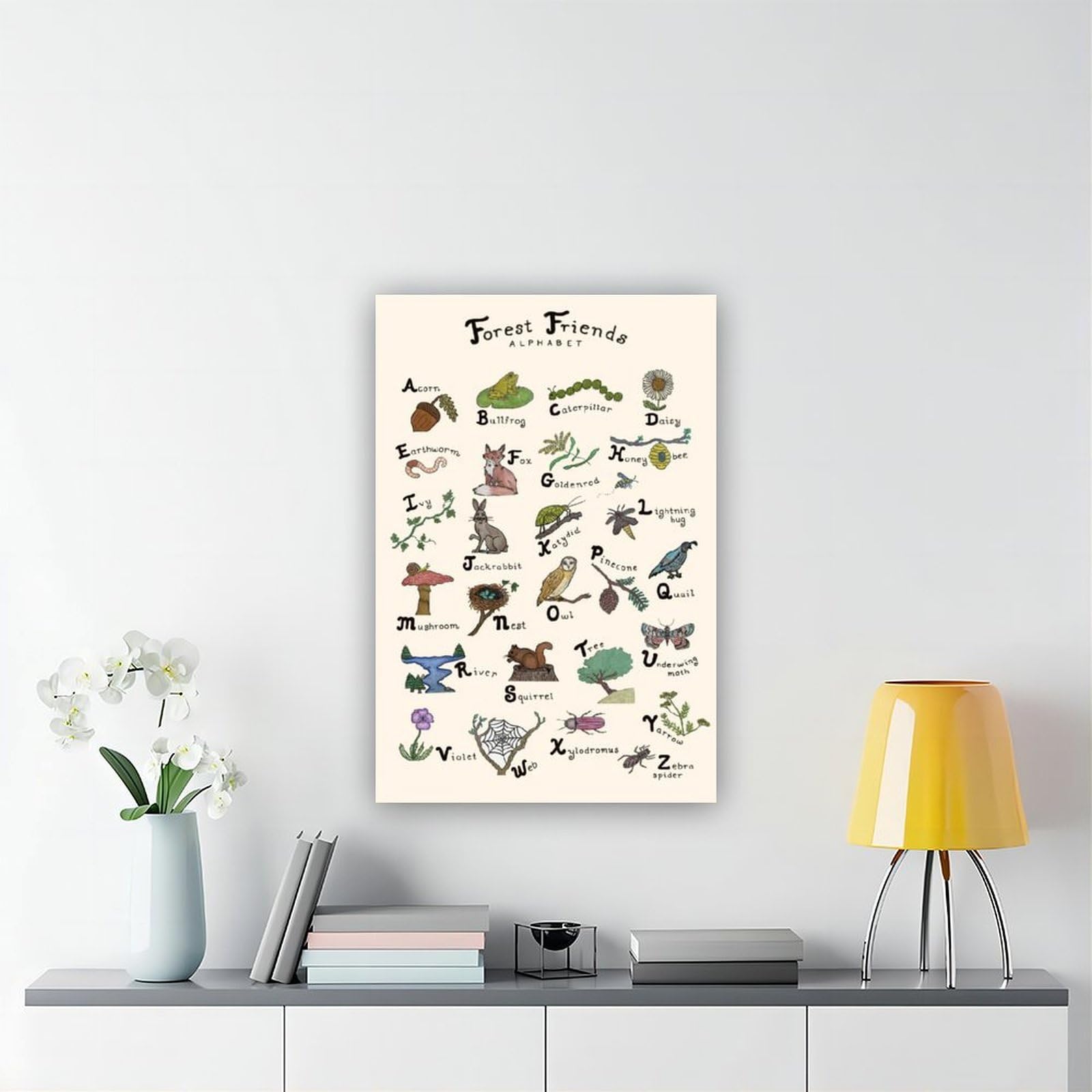 Lettres de l'alphabet de la forêt, animaux de la forêt, décoration éducative pour enfants, poster sur toile, décoration murale pour salon, chambre à coucher, 61 x 91,4 cm (L x l)