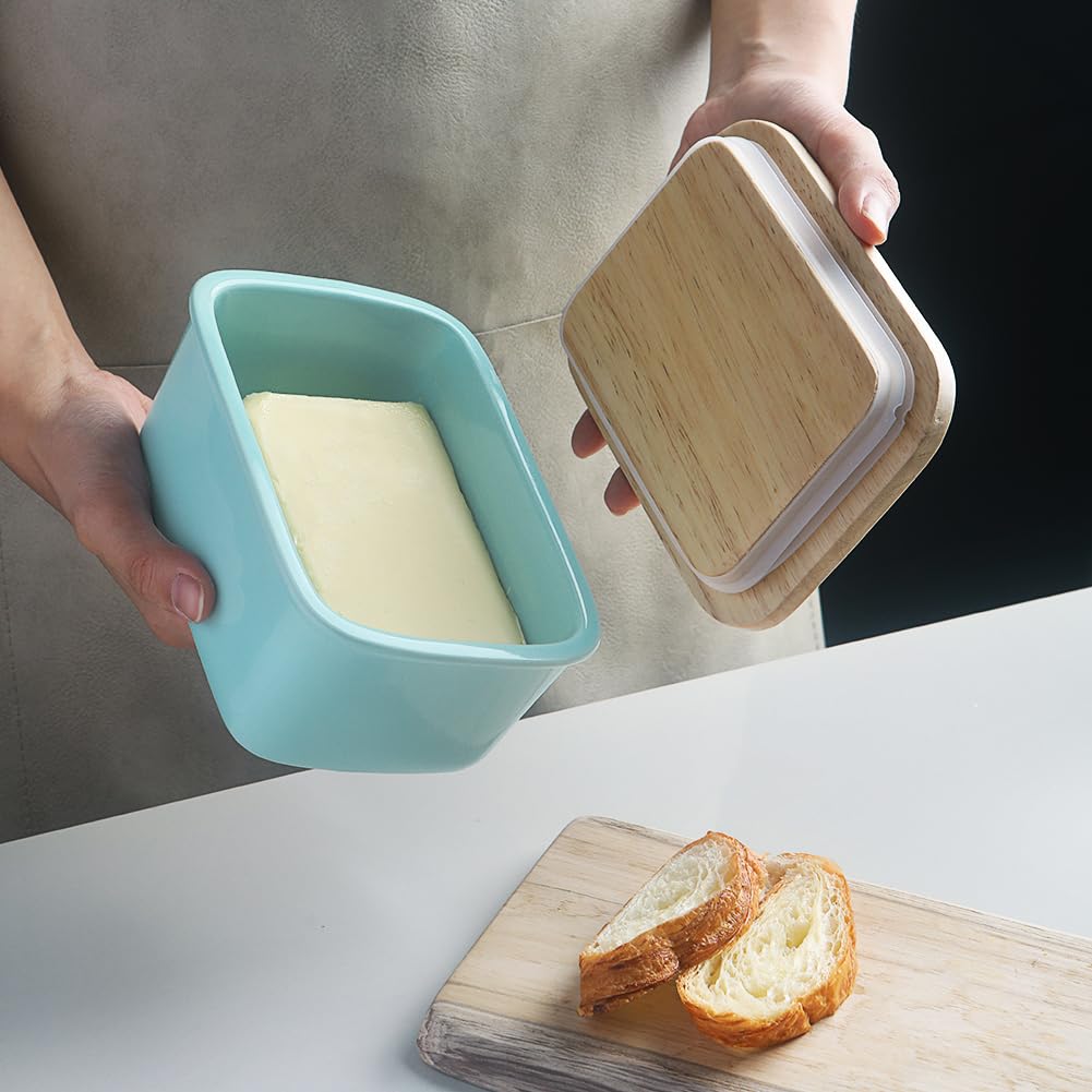 Sweejar Home Porcelain Butter Dish with Airtight Wooden Lid, Perfect for 2 Sticks of Butter - Turquoise, Smooth Glaze - Image 4