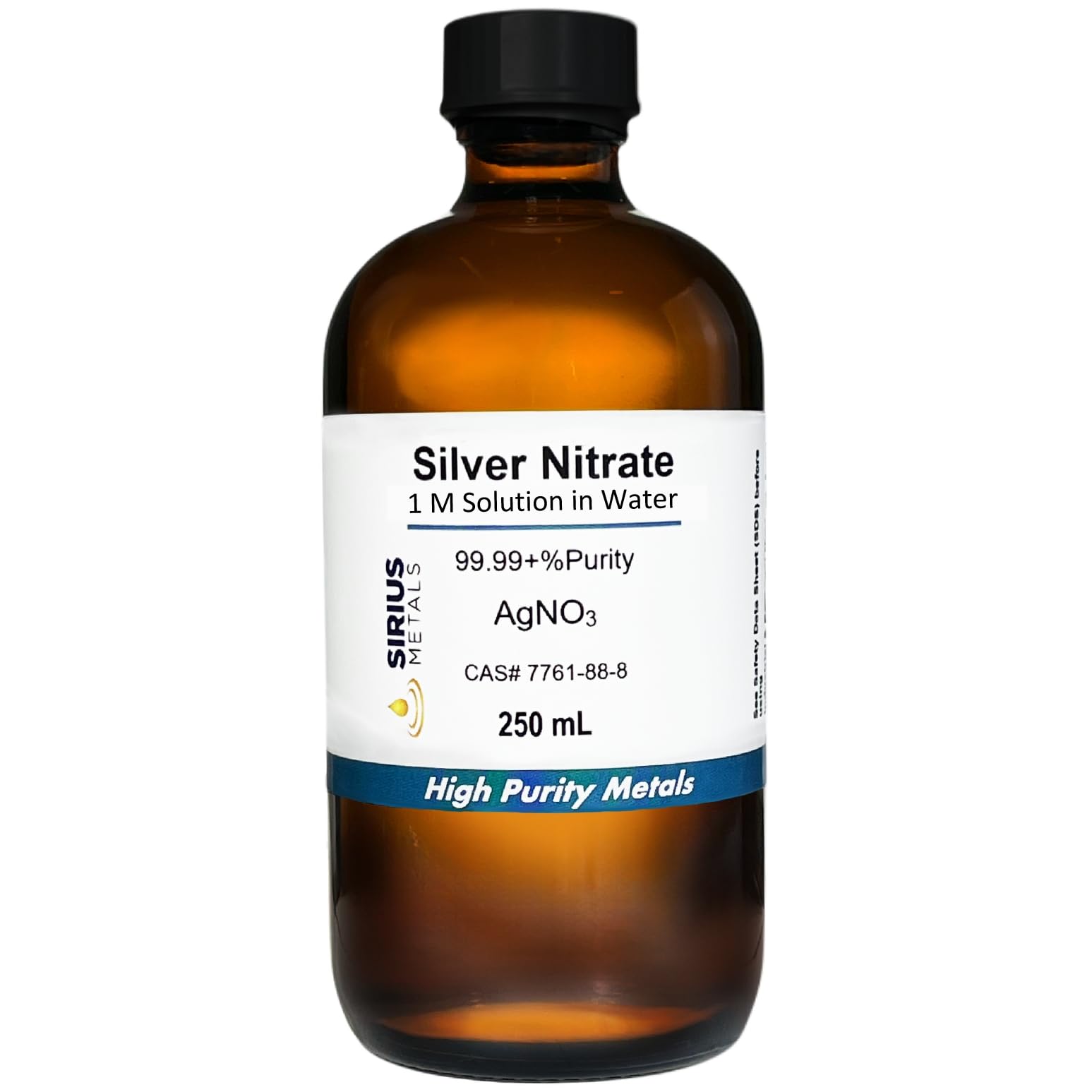 Silver Nitrate Solution (CAS# 7761-88-8) - 1 Molar (1M) AgNO3 Solution in Water - 99.99+% Purity: 250 mL in Amber Glass Bottle