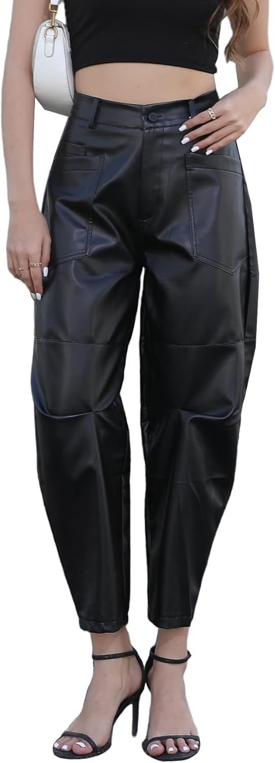 Ladyful Womens Faux Leather Barrel Pants High Waist Baggy Pant Pu Leather Boyfriend Dad Pants with Pockets