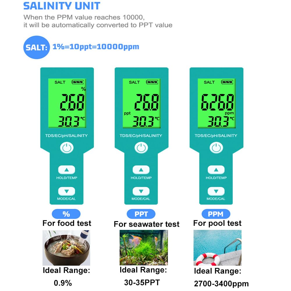 Aquarium Salt Tester -Pool Salt Tester, Versatile 5 in1 Salinity, PH, TDS, EC, and Temperature Meter, Digital Salinity Tester for Saltwater Aquarium, Accurate Salinity Meter,Green - image 3