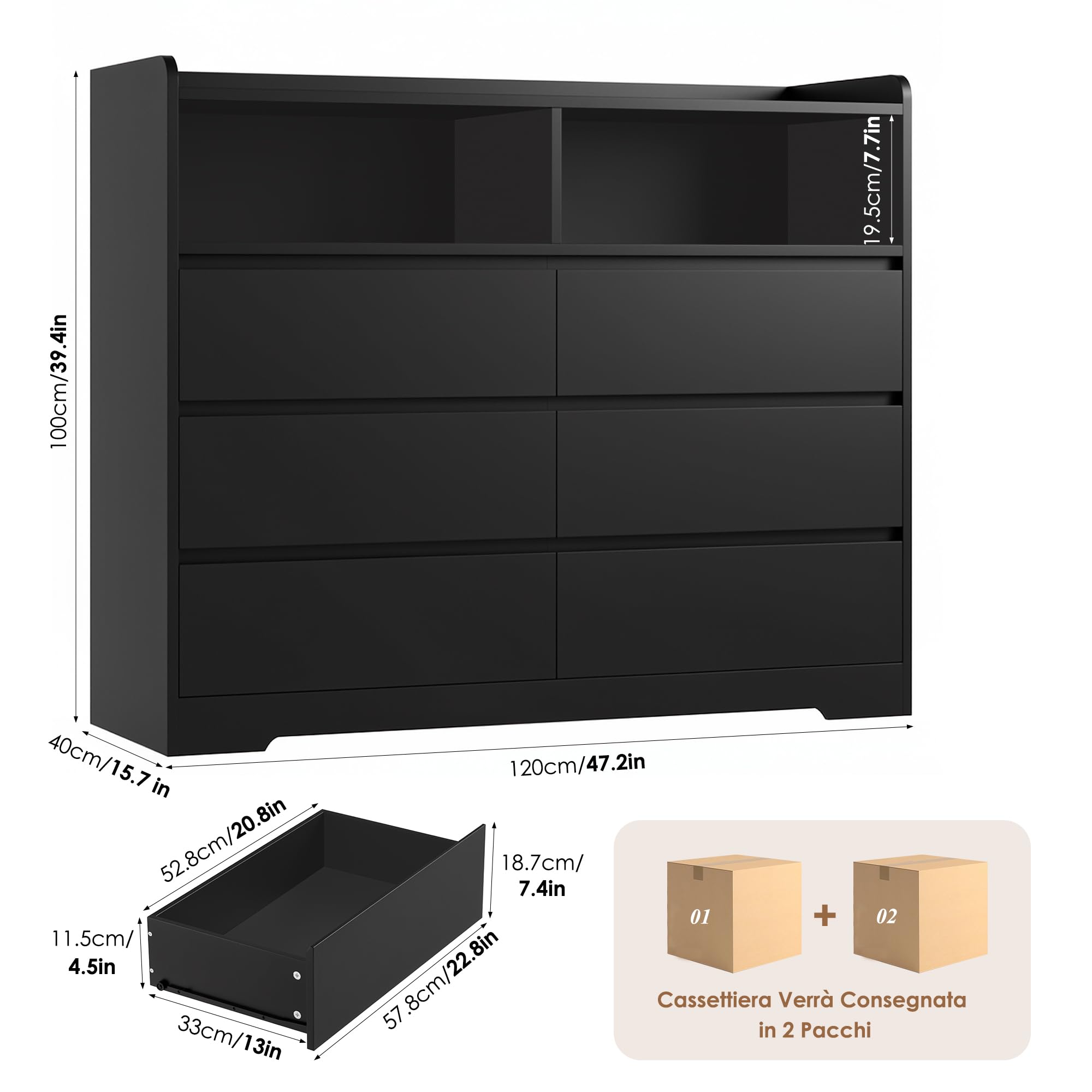 FOREHILL Cassettiera Camera da letto, Cassettiera con 6 Cassetti, Comò con 2 Scomparti Aperti Moderno, per Camera da Letto, Corridoio, Soggiorno, Ufficio, 120x40x100cm (Nero)