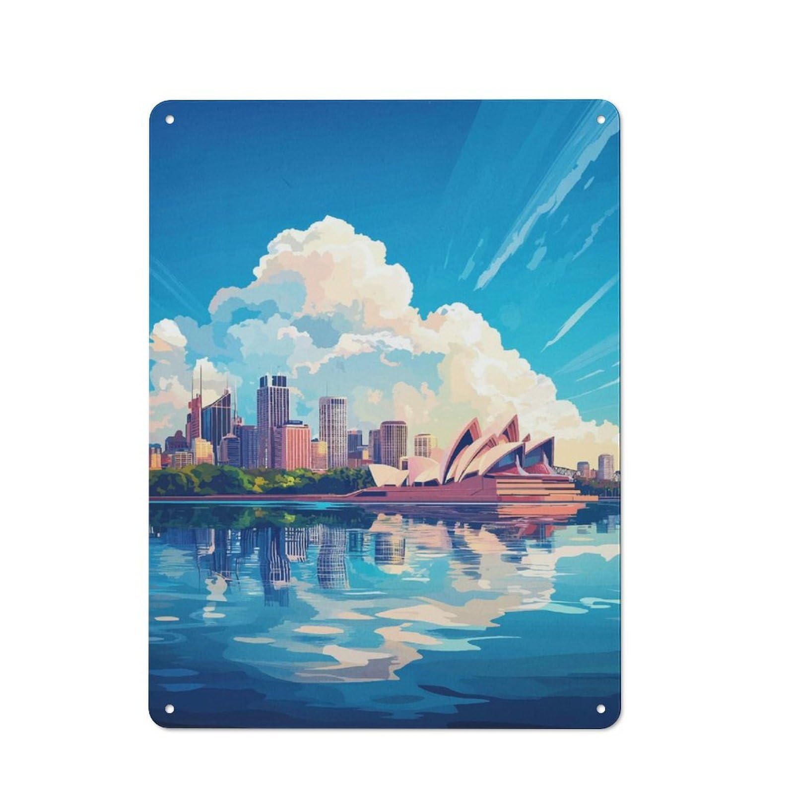 Retro Decorative Tin Plaque 40x30cm Featuring Sydney Opera House Skyline, Novelty Wall Art for Bedroom, Kitchen, Office Or Living Room