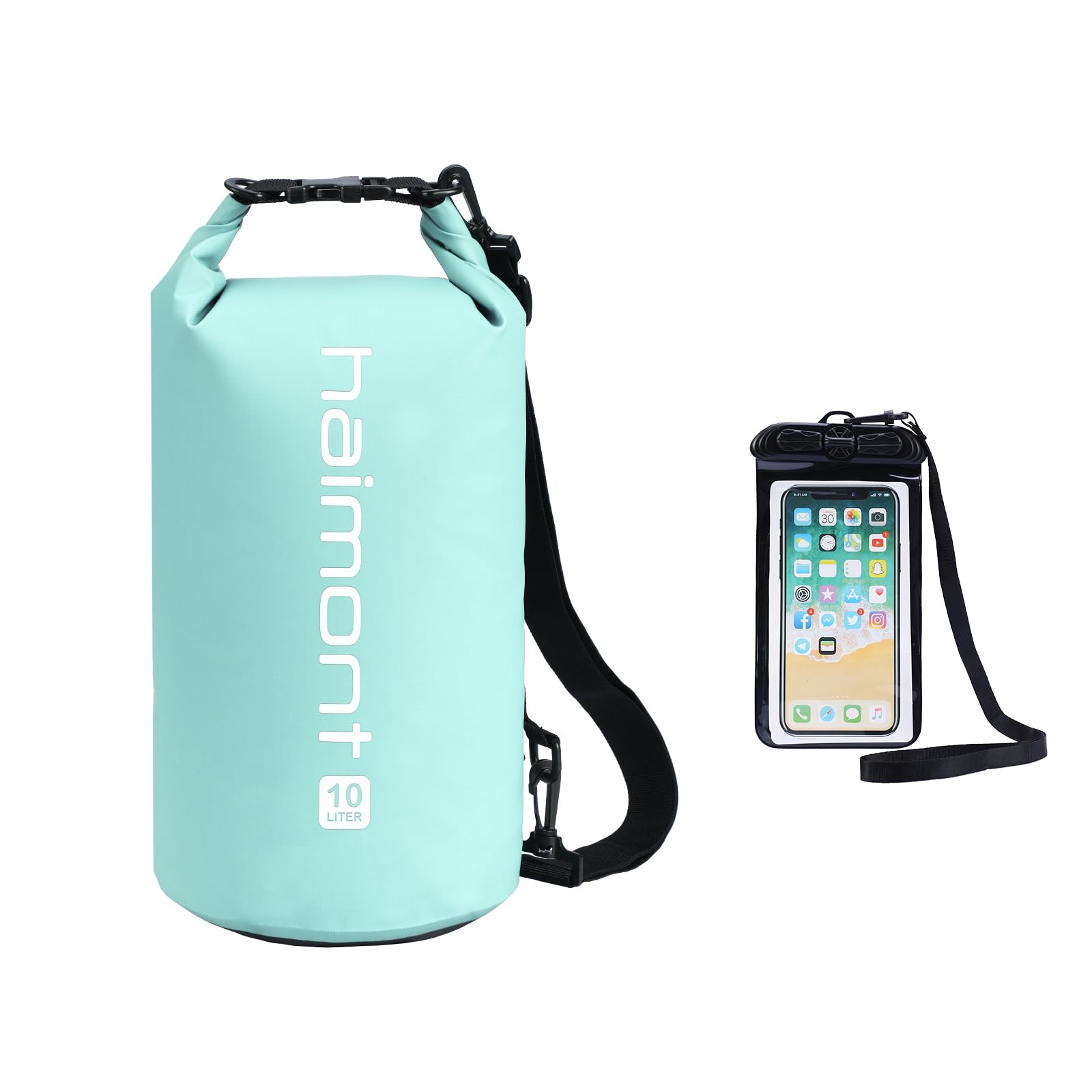 Haimont Waterproof Dry Bag Floating Dry Sack Roll Top Drybag Backpack for Kayaking, Rafting, Boating, Fishing with IPX8 Waterproof Phone Case, Aqua Green, 10L
