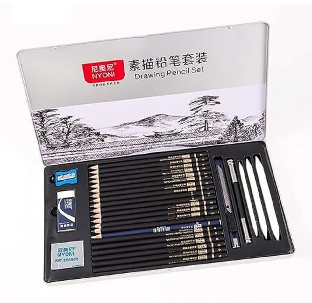 Elvana Professional 29-Piece Drawing & Sketching Pencil Kit – Charcoal Pencils, Sharpener, Paper Blenders, Extender & Durable Metal Case 2