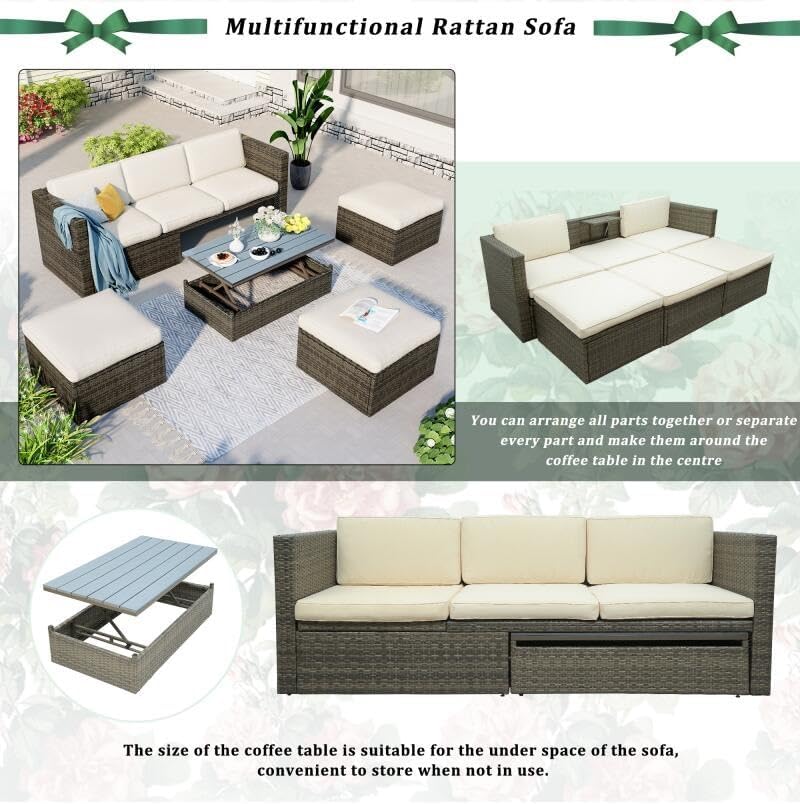 5-Piece Outdoor Furniture Set All-Weather Wicker Patio Conversation Sets Patio Wicker Sofa with Adustable Backrest, Cushions, Footstool and Lift Top Coffee Table