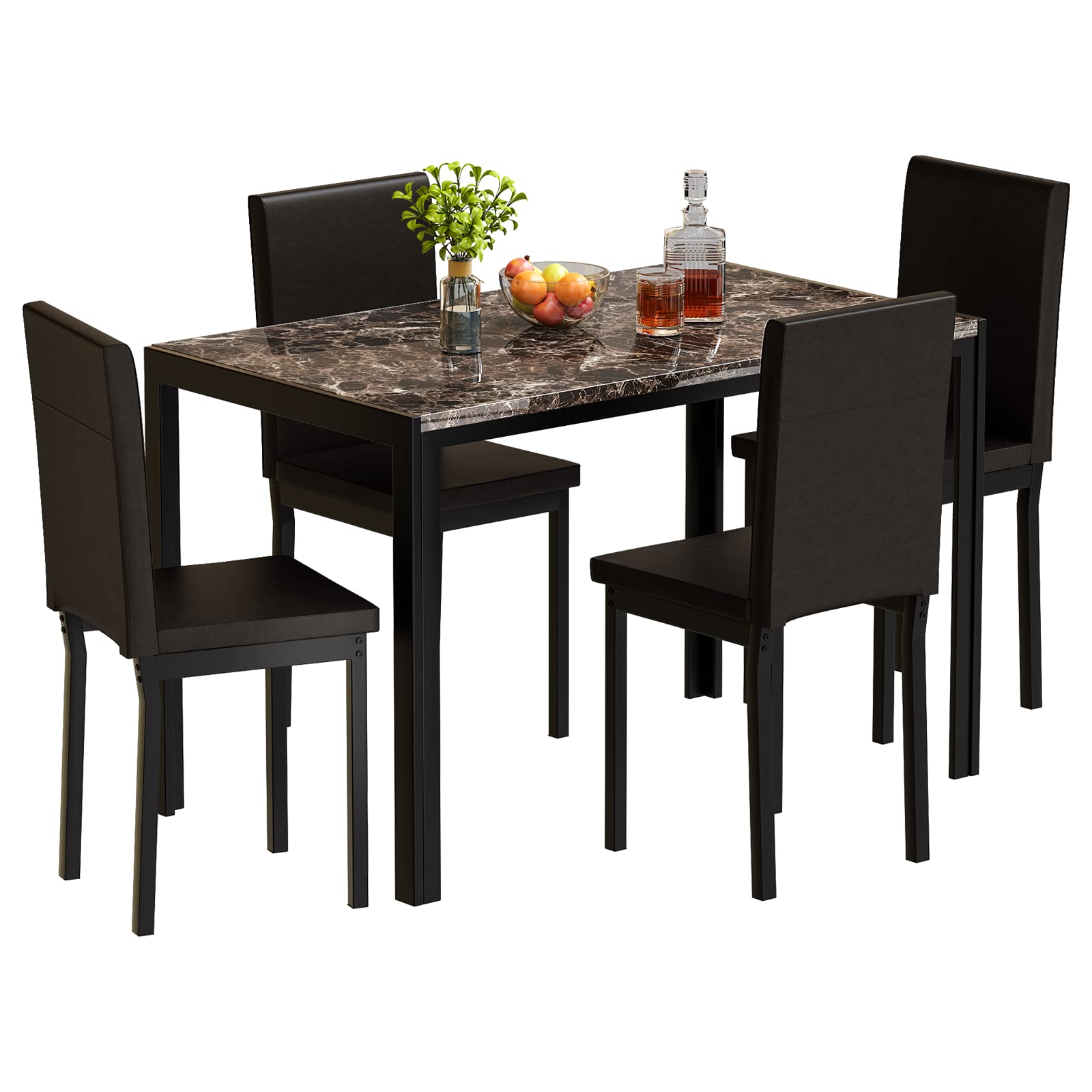 Photo 1 of AWQM Dining Table Set for 4, Modern Kitchen Table and Chairs Set, Faux Marble Tabletop and 4 PU Leather Upholstered Chairs Dining Set for Living Room, Kitchen, Dining, Compact Space - Brown