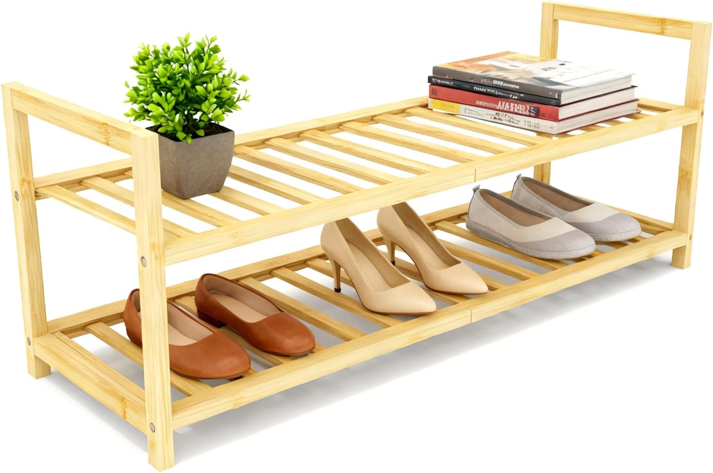 4 Tier Bamboo Wooden Shoe Rack for Closet & Entryway, Free Standing Shoe Rack Stand Organizer Shelf for Garage, Bedroom, Small Space Storage, Stackable