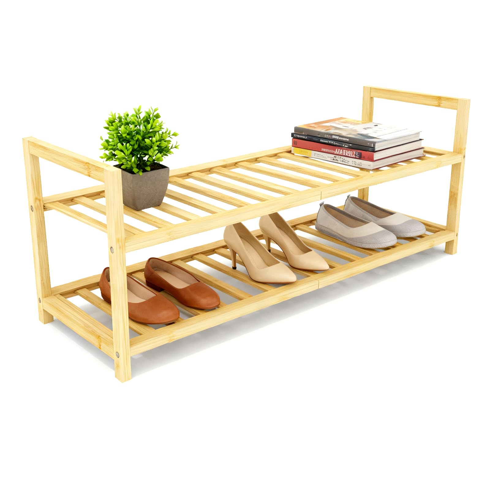 Bambly 2 Tier Bamboo Wooden Shoe Rack for Closet & Entryway, Free Standing Shoe Rack Stand Organizer Shelf for Garage, Bedroom, Small Space Storage,