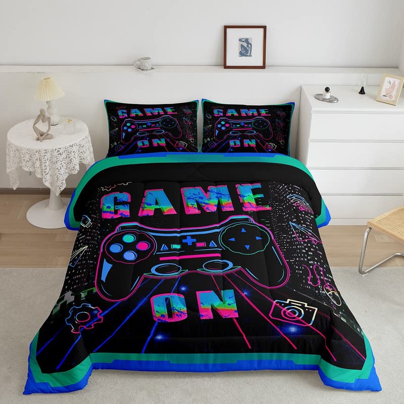 Feelyou Gamer Comforter Set Twin Size for Boys Kids Game Room Decor Video Gaming Gamer Comforter Teens Gamepad Bedding Set Blue Green Neon Game Console Controller Comforter 2 Pcs Boys