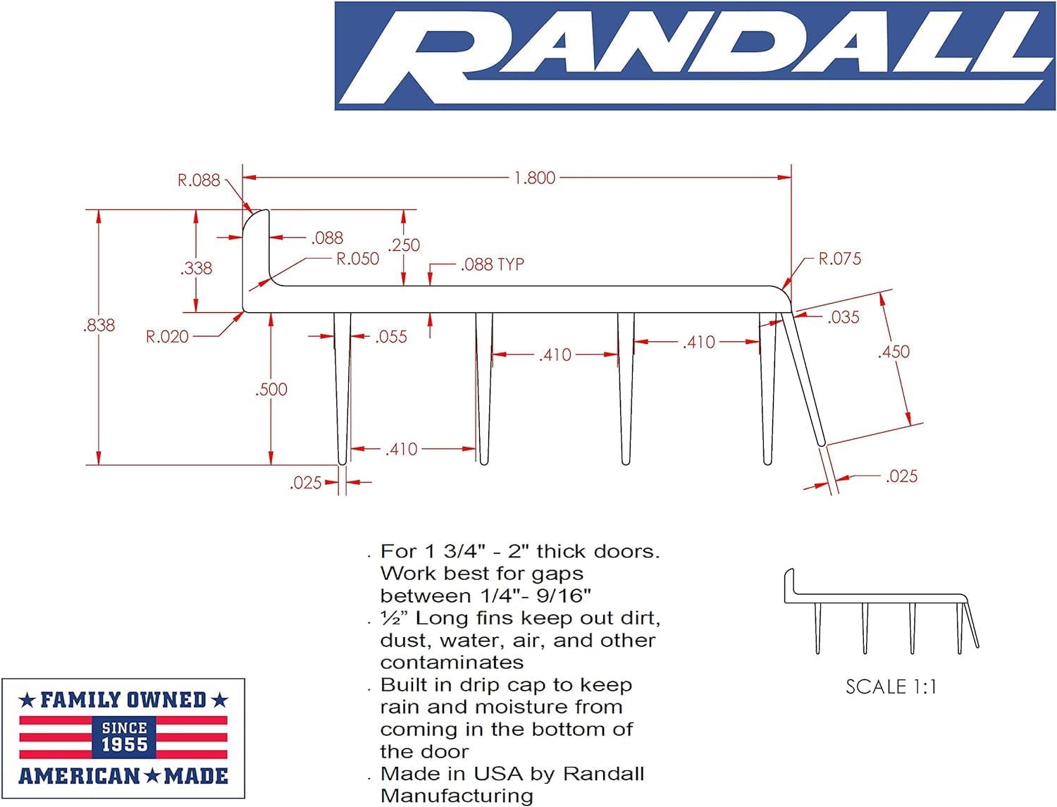 Randall Manufacturing Vinyl Door Bottom - 4 Feet Long, Brown, For 1 3/4" To 2" Thick Doors