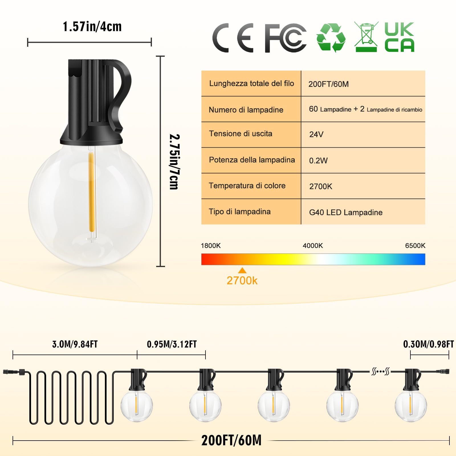 Catena Luminosa Esterno Luci Giardino - 60M G40 Led 60+2 Lampadine Esterno Filo Luce Calda Impermeabili con Telecomando Luci Per Gazebo da Esterno Decorative Campeggio Matrimonio per Balcone Terrazzo