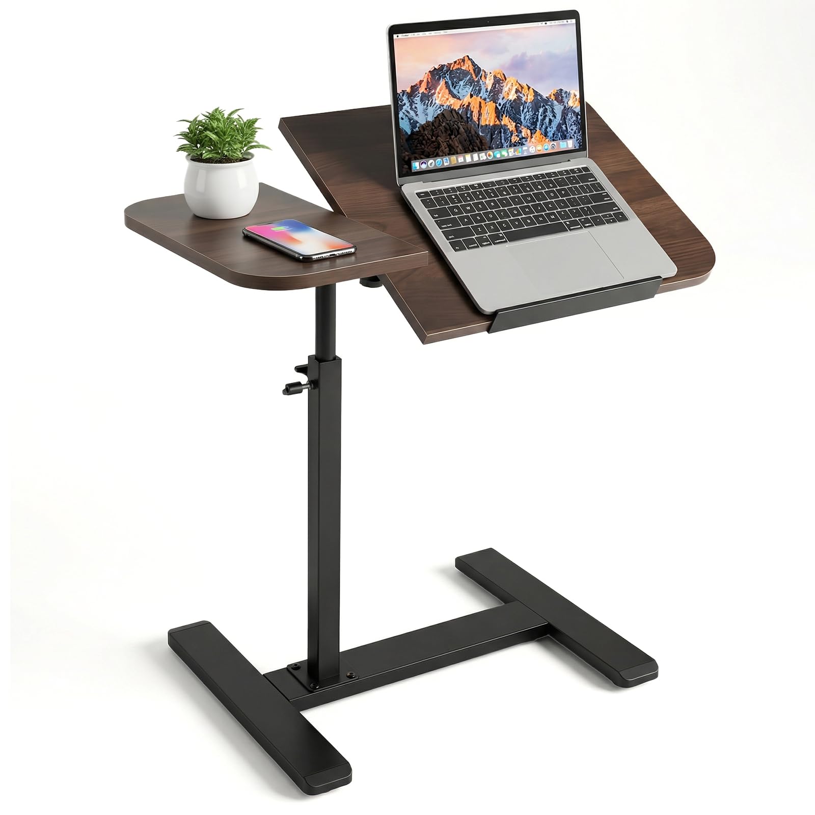 Tavolino a Forma C, Regolabile in Altezza 50-92 cm, Piano di 60 x 40 cm, Tavolo Mobile Girevole 360° in Noce, Tavolino da Divano Tavolino per Computer Portatile per Soggiorno, Camera da Letto, Letto d