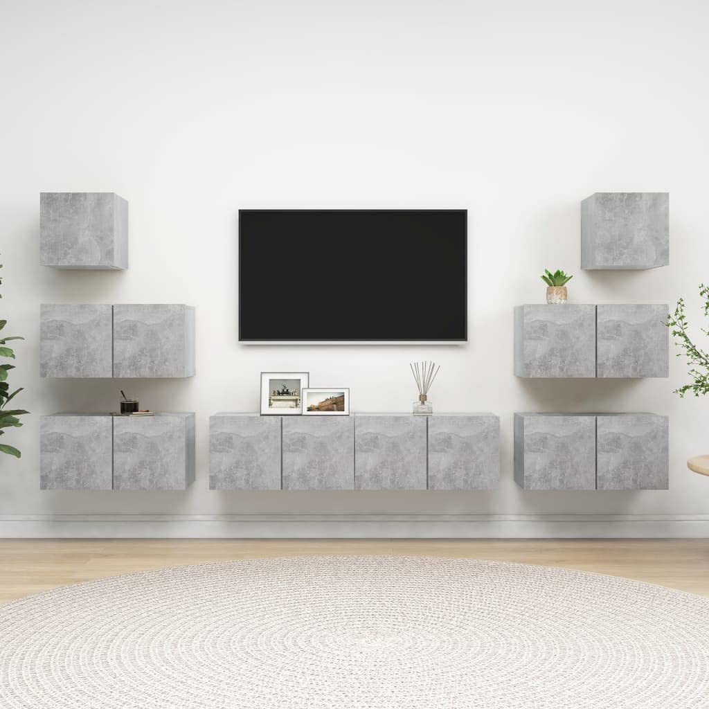 Set di 8 mobili per TV in legno grigio cemento, montaggio a parete con vano portaoggetti, per soggiorno, gaming e home theatre