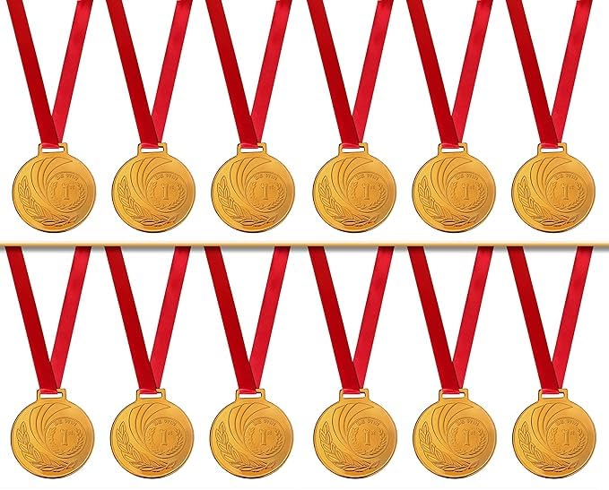 1st, 2nd & 3rd Place Designed MS Metal Medals for Sports & Events | 2.5 Inch Diameter Award Medals with Ribbon (Gold, Set of 12 Pcs)