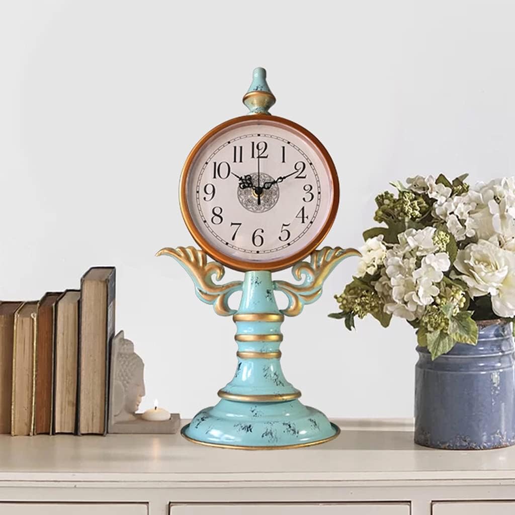 FMURY Retro Clocks Living Room Wrought Iron Metal Ornaments Sitting Clock Bedroom Silent Sitting Clock Desk Clock