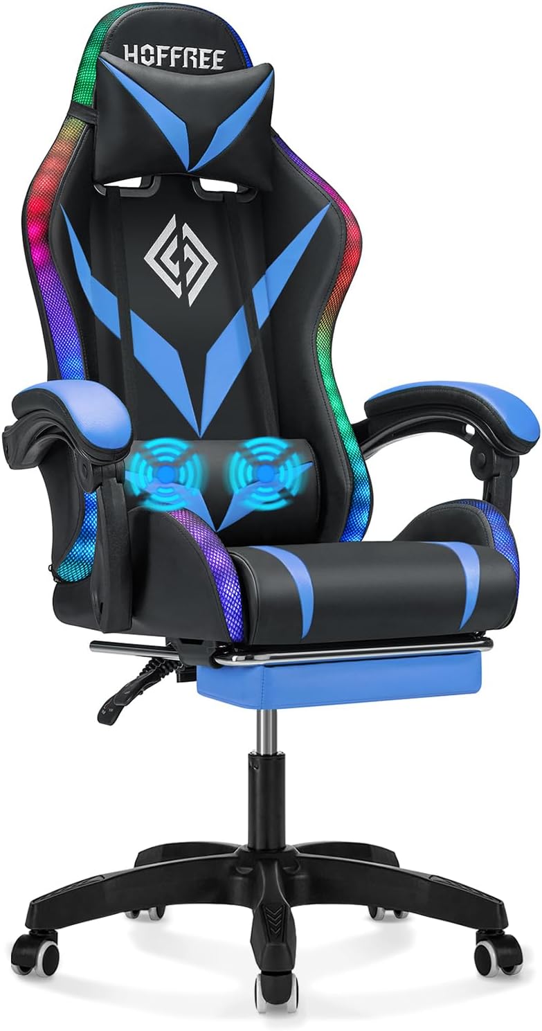 Gaming Chair with Massage and LED Lights Ergonomic Video