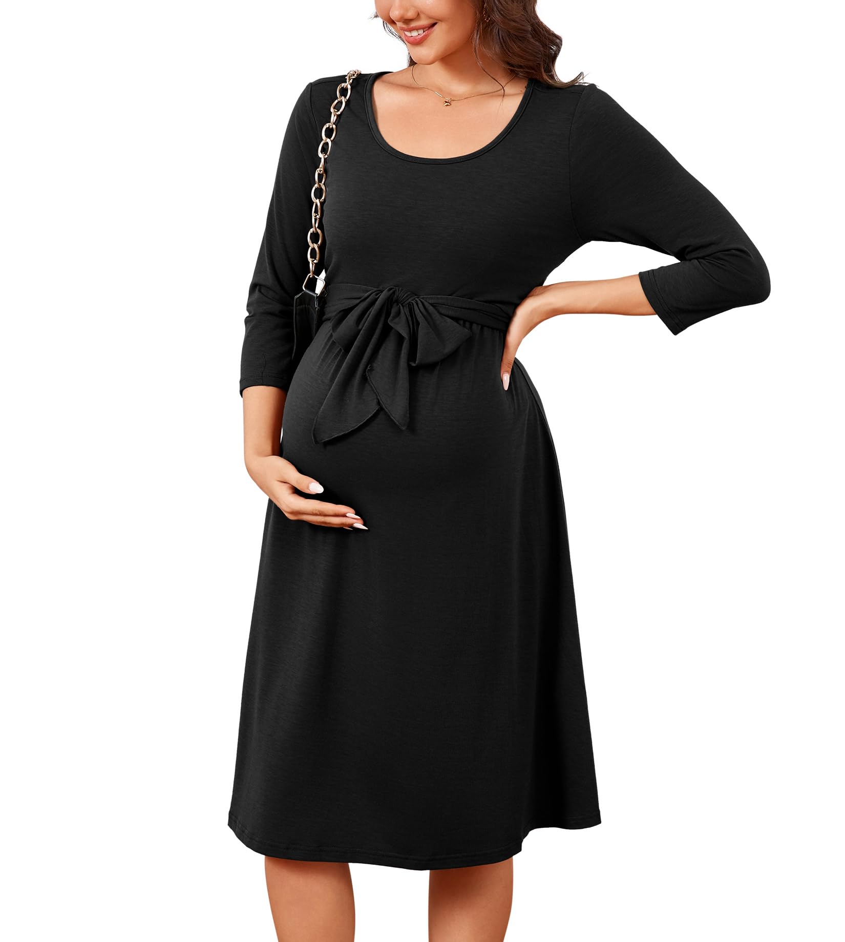 YesFashion Robe de grossesse à manches longues élégante pour femme - Robe d'allaitement légère - Décontractée - Col rond - Bretelles à nouer - Robe d'allaitement avec volants