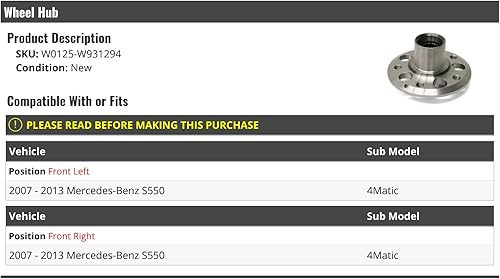 Buje de rueda delantera - Compatible con Mercedes-Benz S550 4Matic 2007-2013