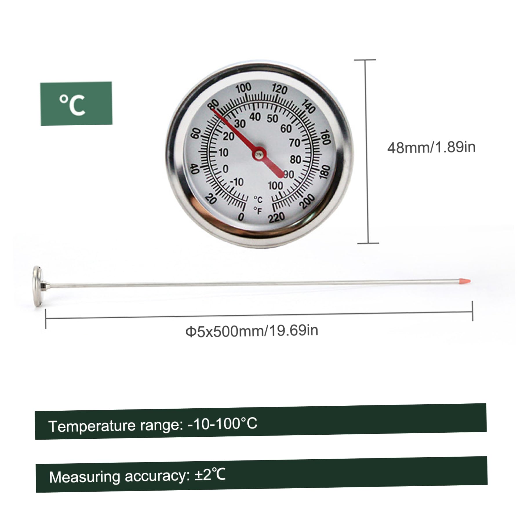 Termometro per compost, Termometro per terreno portatile in acciaio inossidabile con quadrante da 2 pollici con stelo da 20 pollici per terreno, compost, giardino