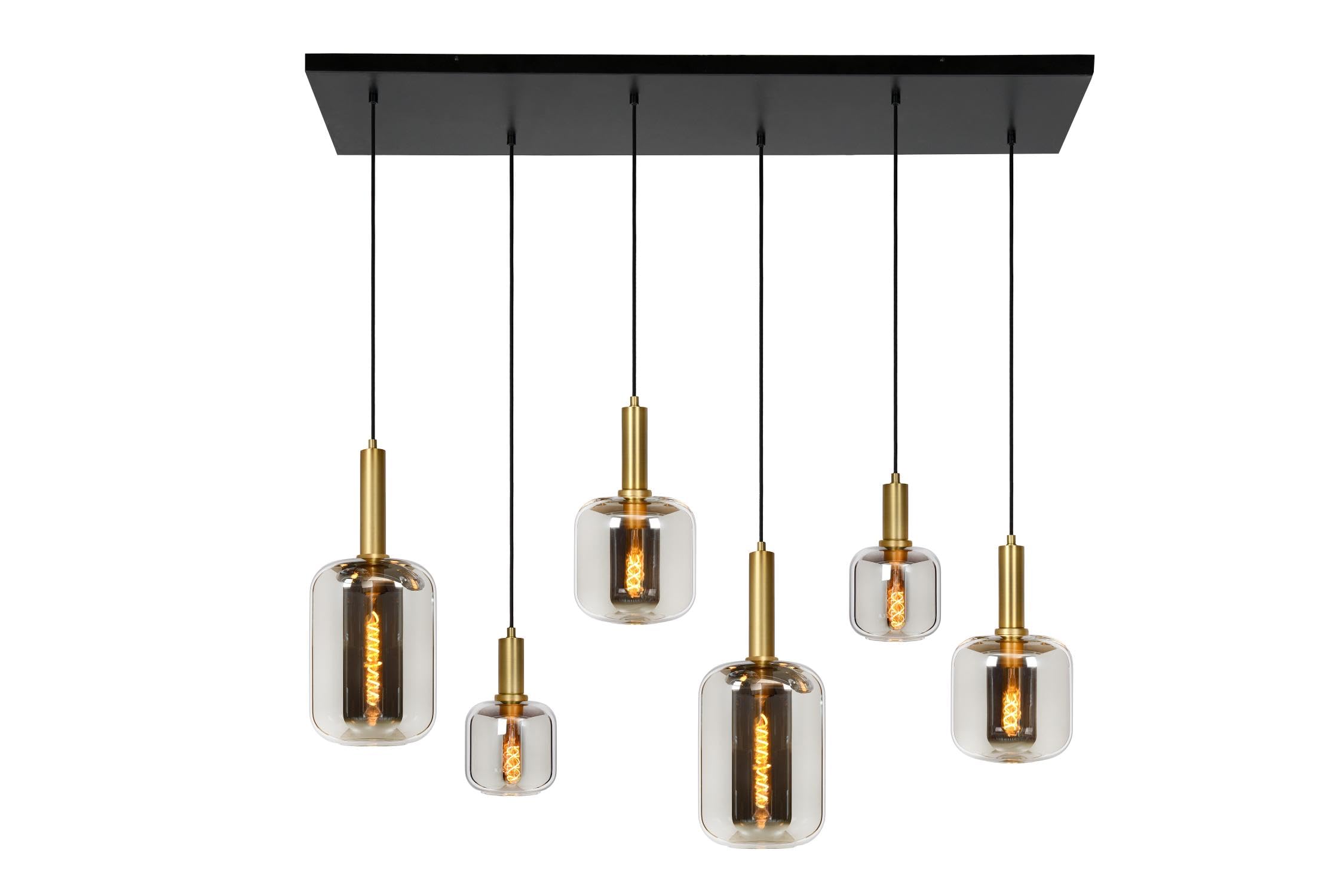 LUCiDE Pendelleuchte Joanet 6-flammig – Glasgehäuse, rauchgrau/gold