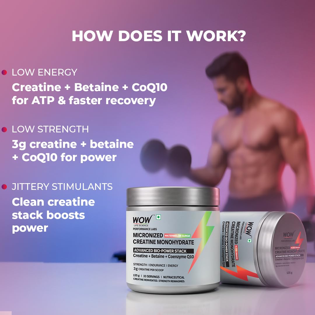 WOW Life Science Micronized Creatine Monohydrate Powder – ADVANCED BIO‑POWER STACK | 3g Creatine per Scoop with Betaine & Coenzyme Q10 | Strength, Power & Lean Muscle Support | No Bloat Formula | No Added Sugar | Great Tasting | For Men & Women | 135g (33 Servings) | Watermelon 2