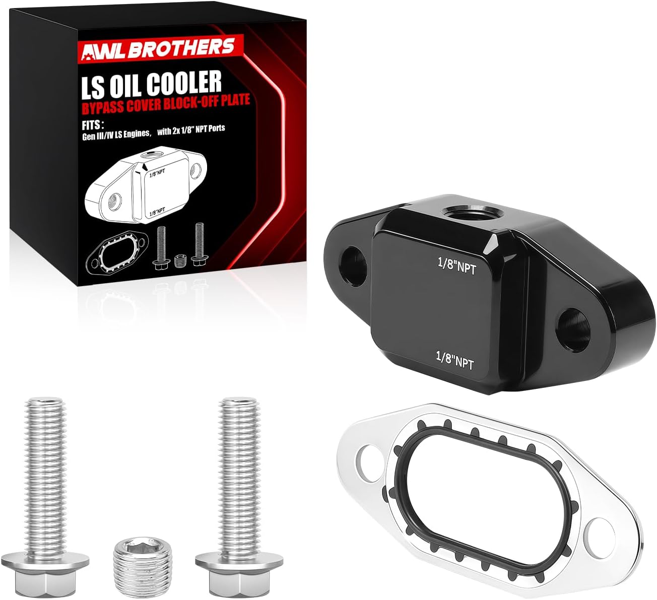 LS Engine Oil Cooler Bypass Cover Block-Off Plate for Gen III/IV LS Engines, Durable Aluminum Replacement for OE#12577903, 2 x 1/8" NPT Ports