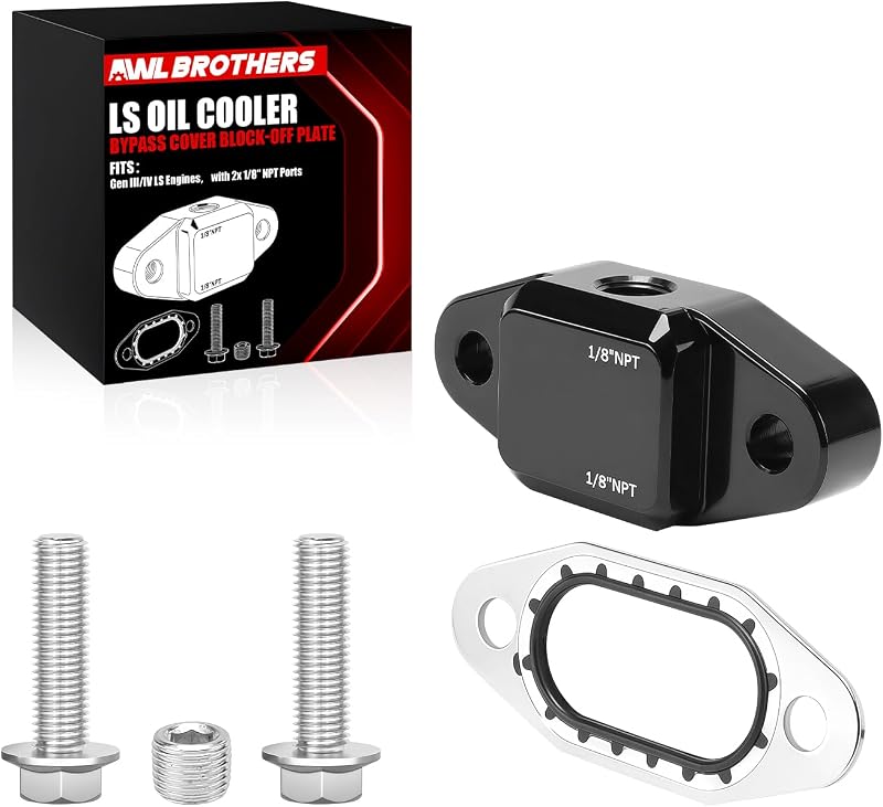 Placa de bloqueio do bypass do resfriador de óleo para motores LS Gen III/IV AWL Brothers – 2 portas 1/8" NPT