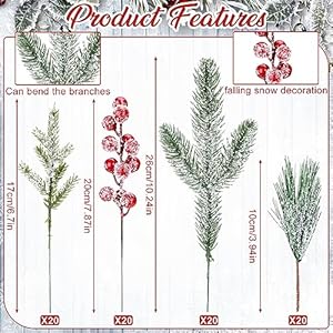 Lyrow 80 pieces christmas snowy pine tree picks artificial berry stems sprays faux cedar pine needles branches for holiday arrangement wreath diy garland holiday decor winter greenery red  urban country home decor
