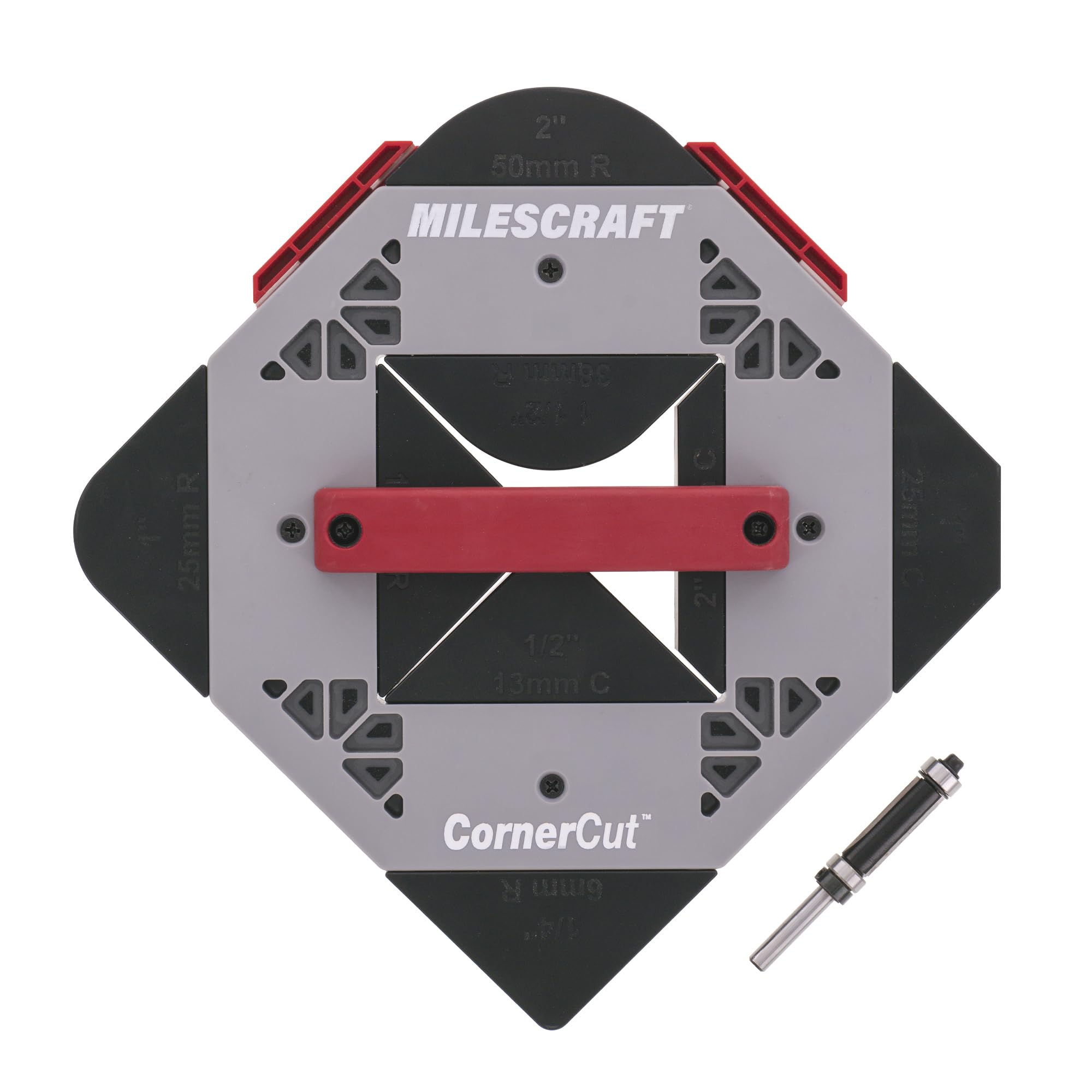 Milescraft 1232 Corner Cut - Plantilla de enrutador de esquina para carpintería y radio de esquina - Uso con enrutador de mano o mesa de enrutador - 8 perfiles con almacenamiento integrado. Broca de