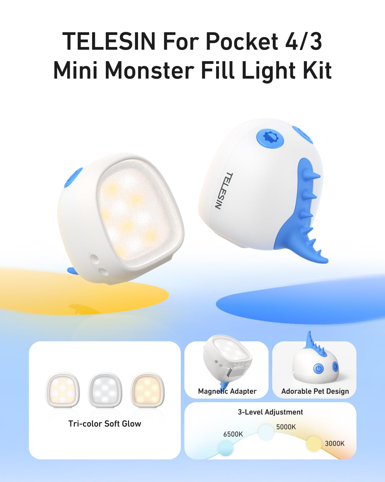 TELESIN 3er-Pack Mini-Monster-Magnet-Fülllicht-Set für DJI Osmo Pocket 4 3, 12 Stunden Akkulaufzeit und 3-stufig einstellbare Helligkeit, LED-Licht mit Fülllichthalterung für Vlogging und Reisen