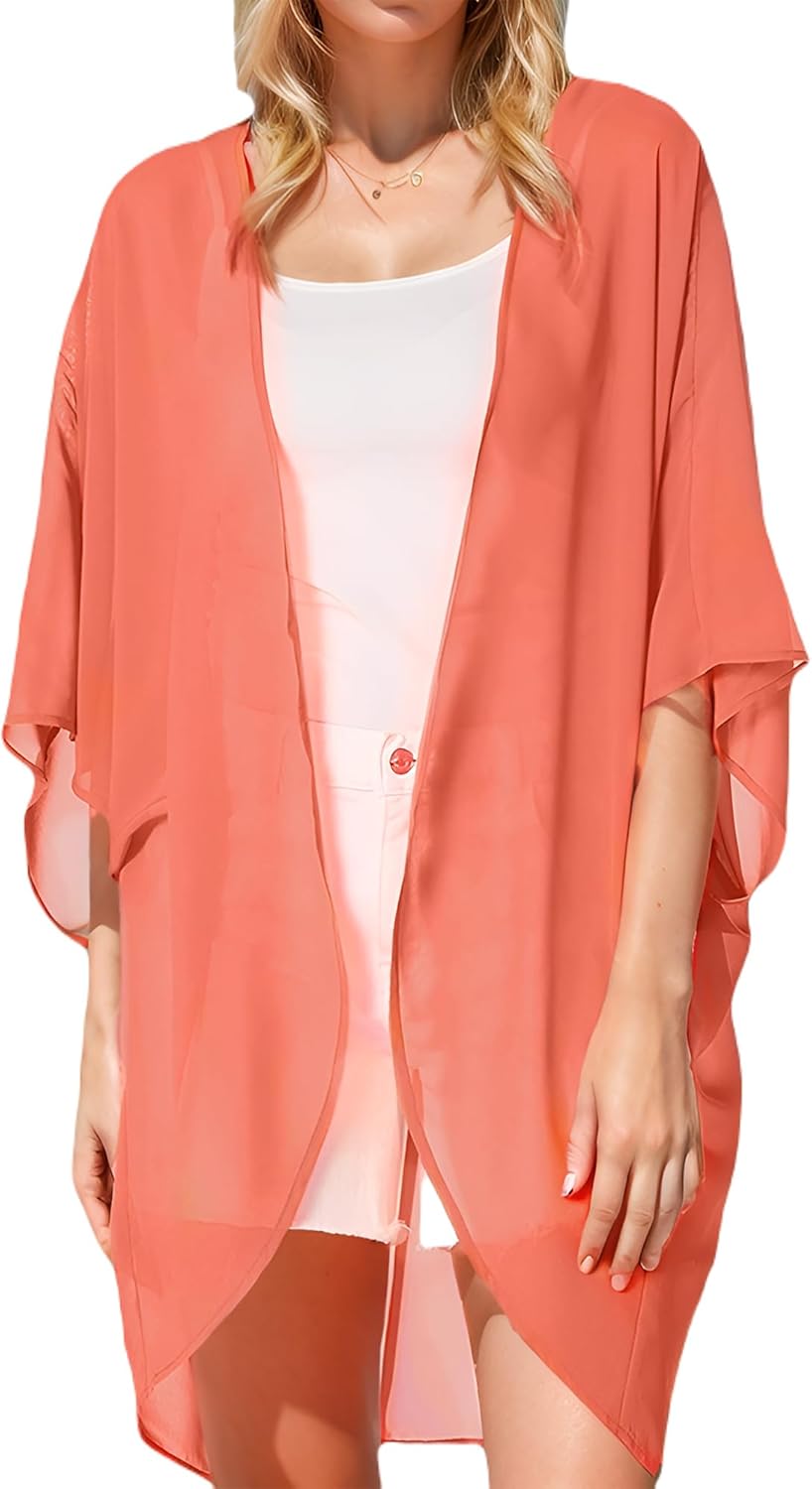 Moss Rose Women's Beach Kimono Coverup Sheer Chiffon Cover Ups, Casual Loose Open Front Cardigan Tops