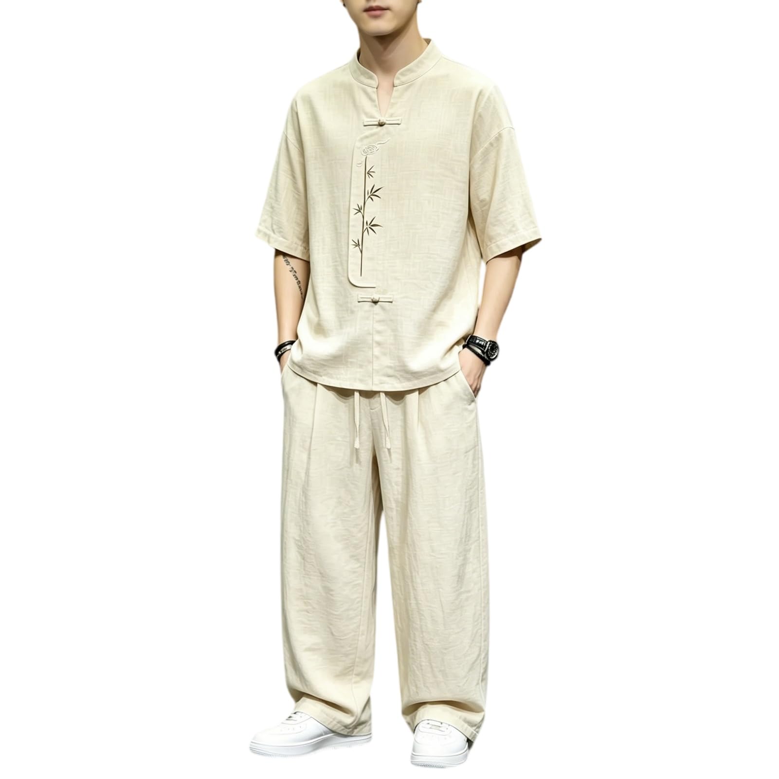 Set 2 pezzi da uomo ricamato con maglia a maniche corte | Ricamo ramo,Abbottonatura a rana,Pantaloni larghi,Abbigliamento primaverile
