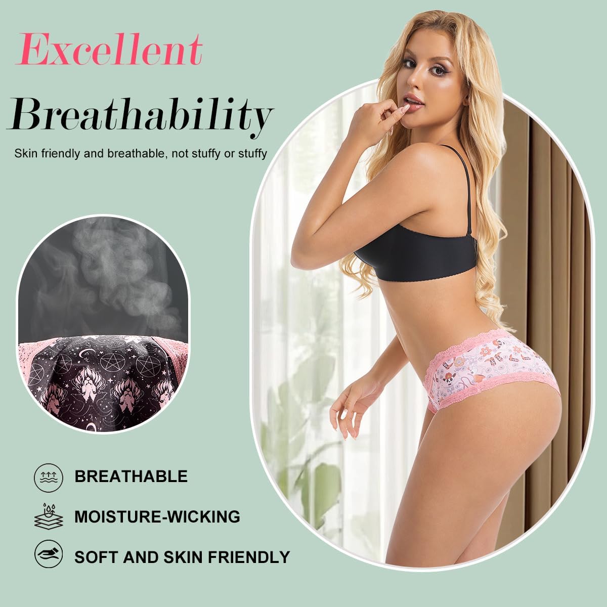 Women's Bikini Underwear, Lace Trim, Pink and Black,Dark Horror Print, 6-Pack - Image 2