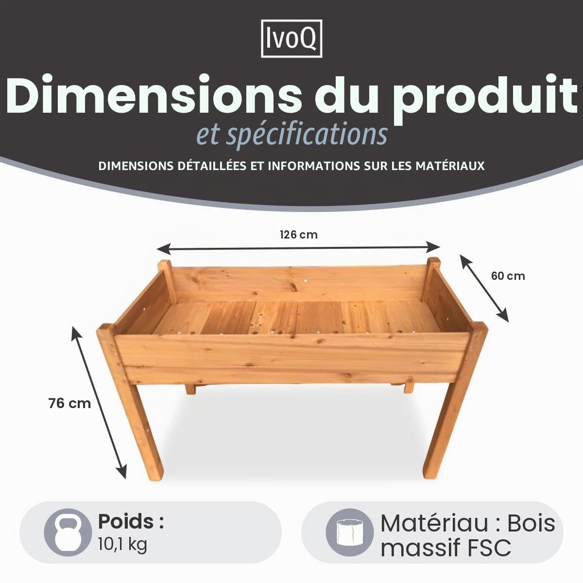Pot de fleurs surélevé en bois FSC - 126 x 60 x 76 cm - Durable et résistant aux intempéries - Jardin, Balcon et terrasse - Idéal pour les légumes, les herbes et les fleurs