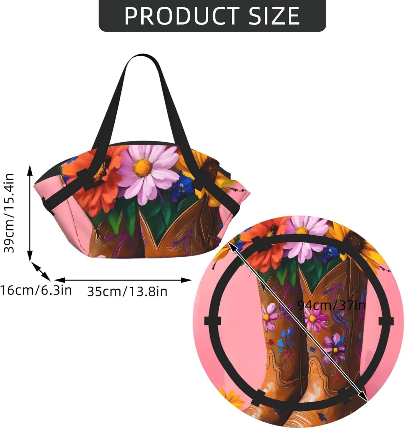 Cowboy Boots With Flowers Pattern Foldable Camping Tote Bag Picnic Blanket Bag Portable Beach Mat Tote Waterproof Outdoor Picnic Mat Carry Bag