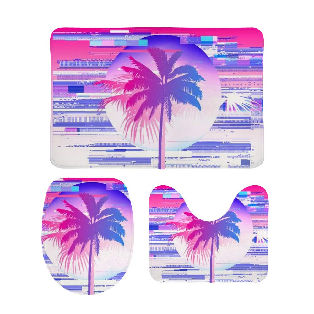 Kuizee Bath Rug Set 3 Piece ?Retrofuturistic Palm Tree Vaporwave Cyberpunk Neon Batroom Rugs Non-Slip Mat U-Shaped Contour Rug O-Shaped Toilet Lid Water Absorbent Cover Coral Velvet