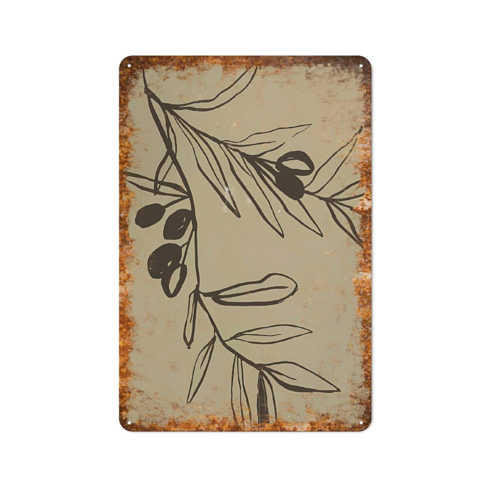 peiyeety Metal Tin Sign Vintage Olive Branch Sketch Art, Minimalist Botanical Home Accent, Durable Rustic Plaque for Kitchen, Bedroom, Living Room,12x16 Inch