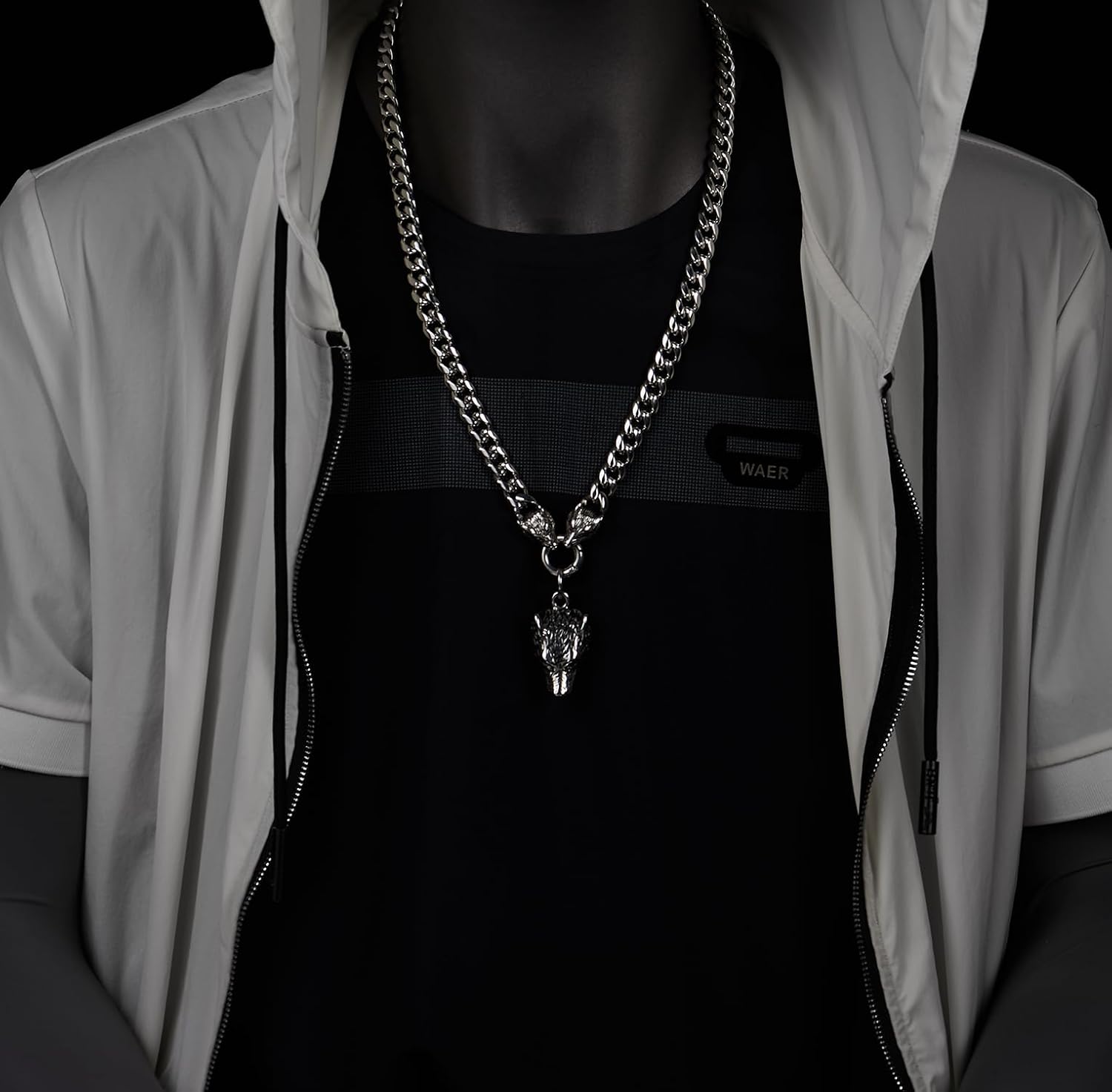 COOLSTEELANDBEYOND Men's Stainless Steel Triple Wolf Head Necklace, Viking Norse Curb Chain, Cuban Link Predator Pendant, Rugged Biker Jewelry, Gift for Him