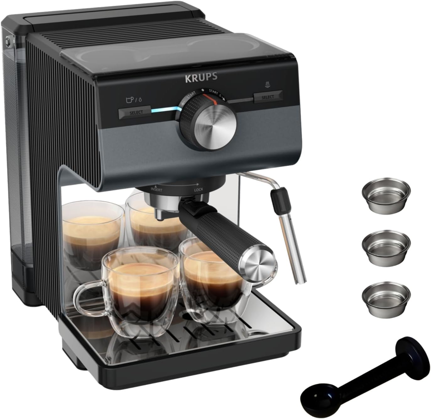 KRUPS Manual Espresso Maker, Authentic+, 15 Bar Pressure, Milk Frother, Manual Adjustment, Measuring Spoon and Compactor, 2 L Capacity Reservoir, Black, XP384G