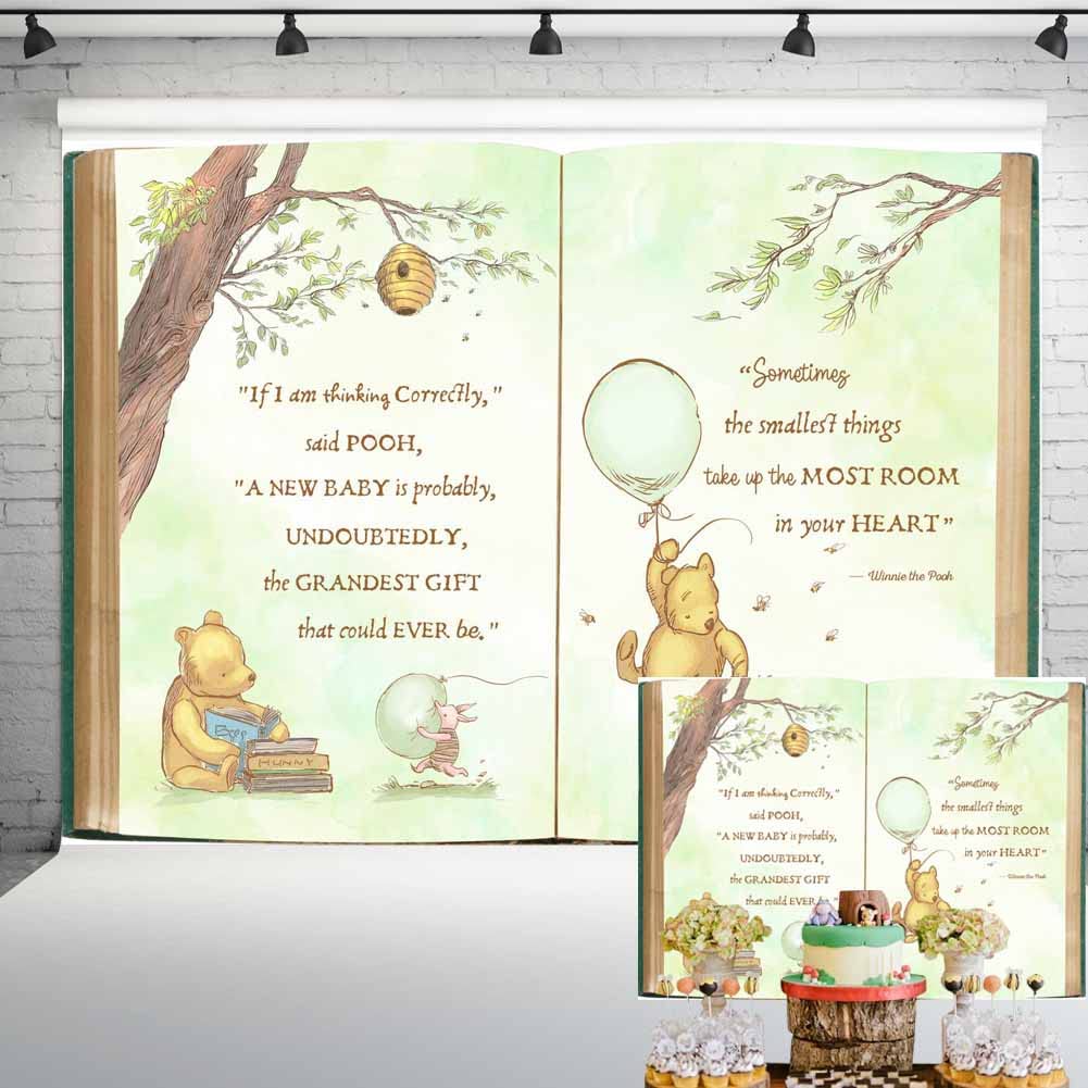 Vintage Pooh Bear Baby Shower Backdrop Gender Neutral Retro Giant Book Spring Tree Classic Background Newborn Quote Green Balloon Banner 8x6 ft 5