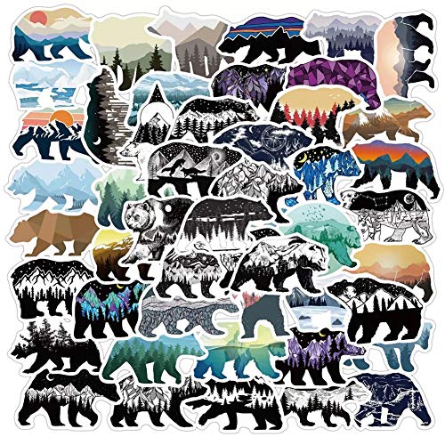 Grizzly Bear Stickers with Mountaintop Landscapes| 50 Pcs Bear Waterproof Vinyl Stickers for Water Bottles Bicycle Laptop Refrigerator Luggage Computer Mobile Phone Skateboard Bike Decals