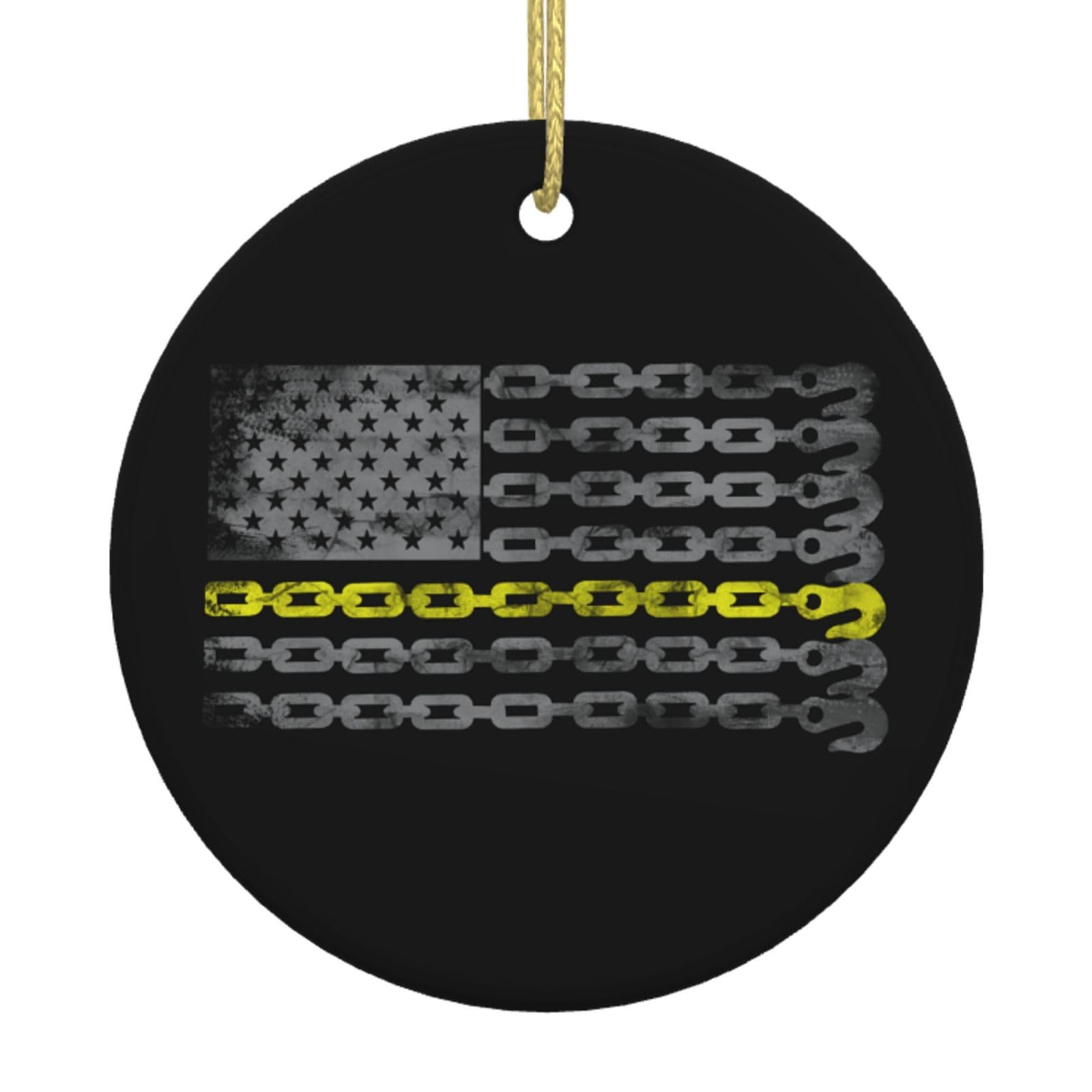 Joisbs Holiday Ceramic Ornament, Thin Yellow line Chain Hook American Flag Tow Truck Driver, Double-Sided Round Pendant, Ideal Christmas Decoration