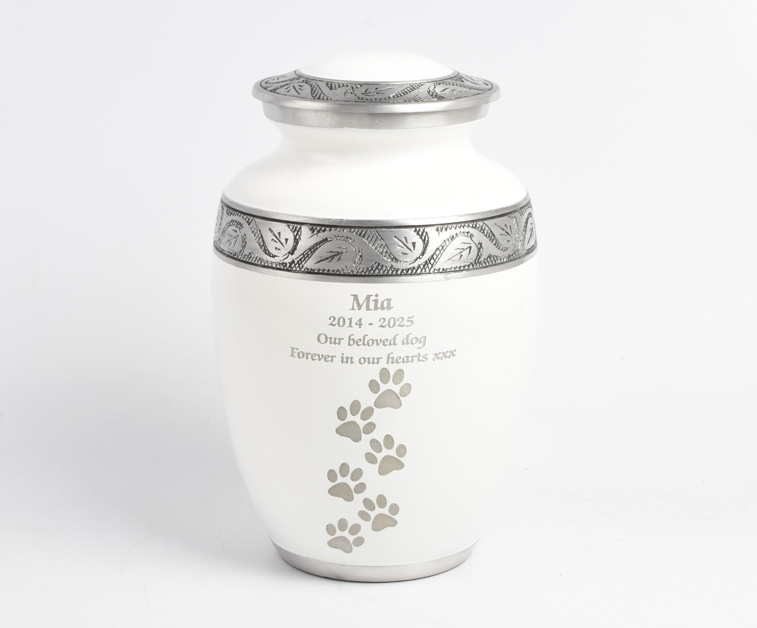 Pet Cremation Urn for Ashes with Paw Print Memorial Design, Handcrafted Keepsake Vessel, Secure Top Lid Closure, Remains Storage for Dog Cat (8 Inch White & Silver- Text Engraved)