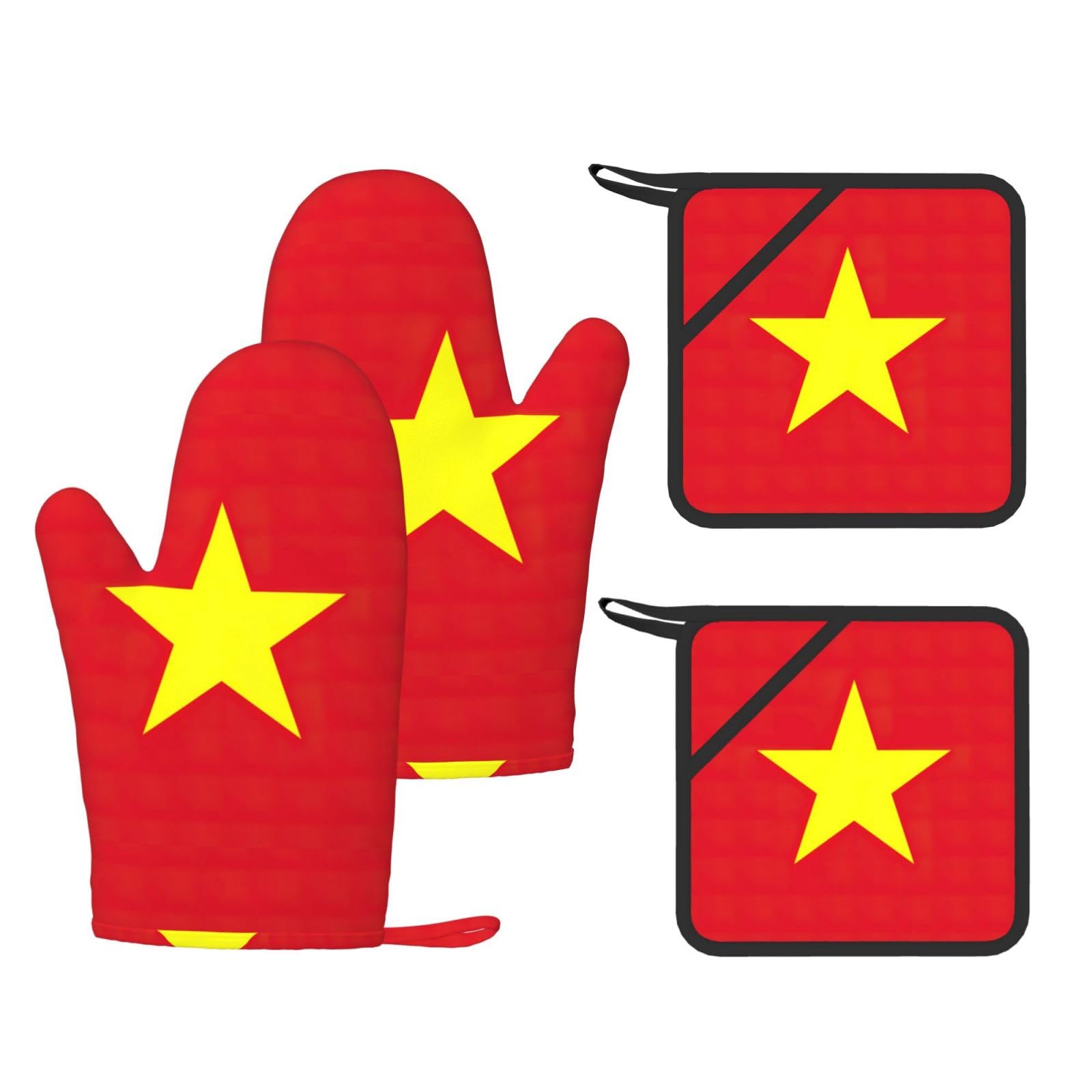 Vietnamese flag Printed Kitchen Oven Gloves and Potholder 4 Pcs, Non-Slip Heat Resistant Mitts for Baking Chef