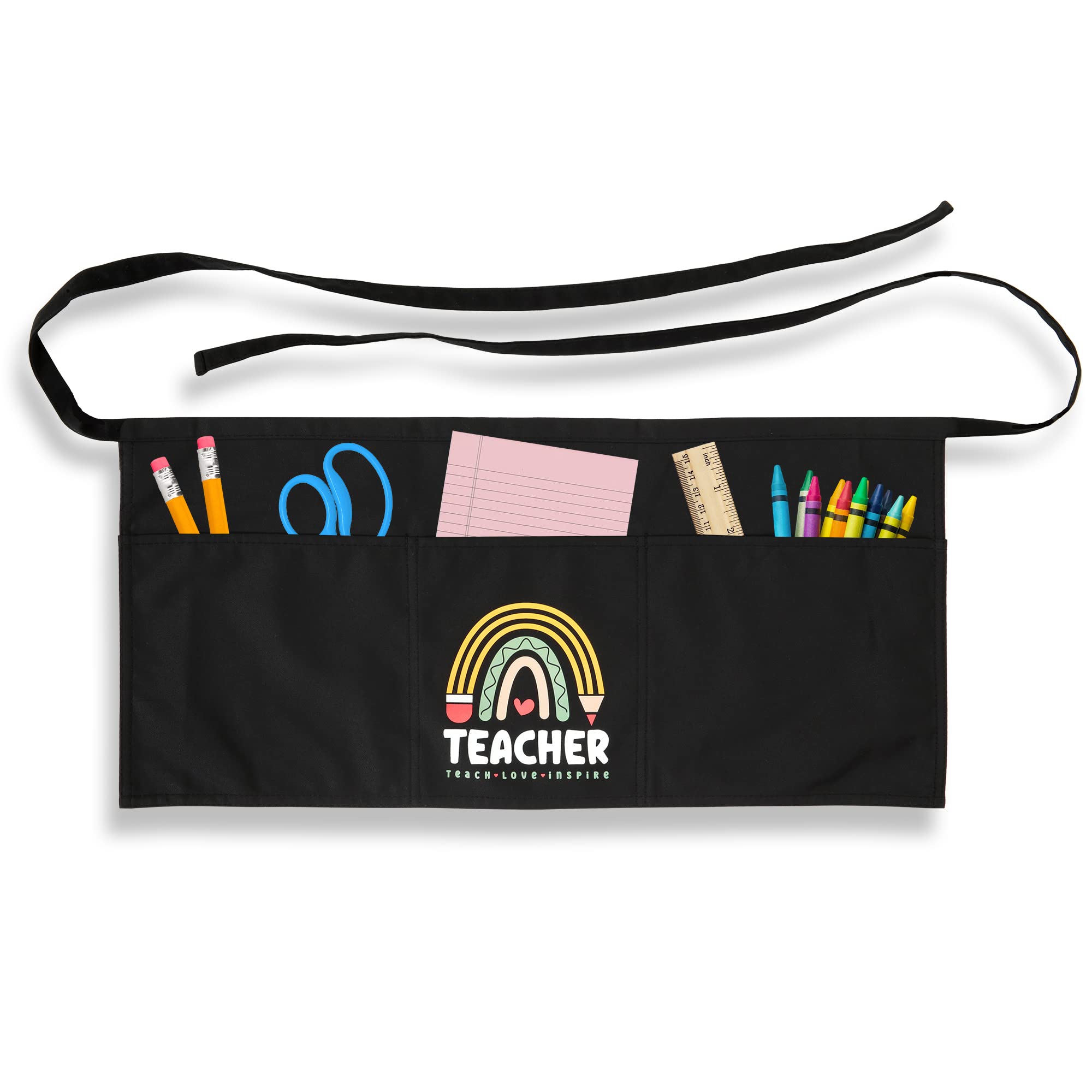 Plum Hill Teacher Apron with 3 Pockets - Teach Love Inspire Rainbow, School Apron for Teacher, Teacher Waist Apron - Classroom Lunchroom Daycare Library Homeschool, Teach Love Inspire, Large