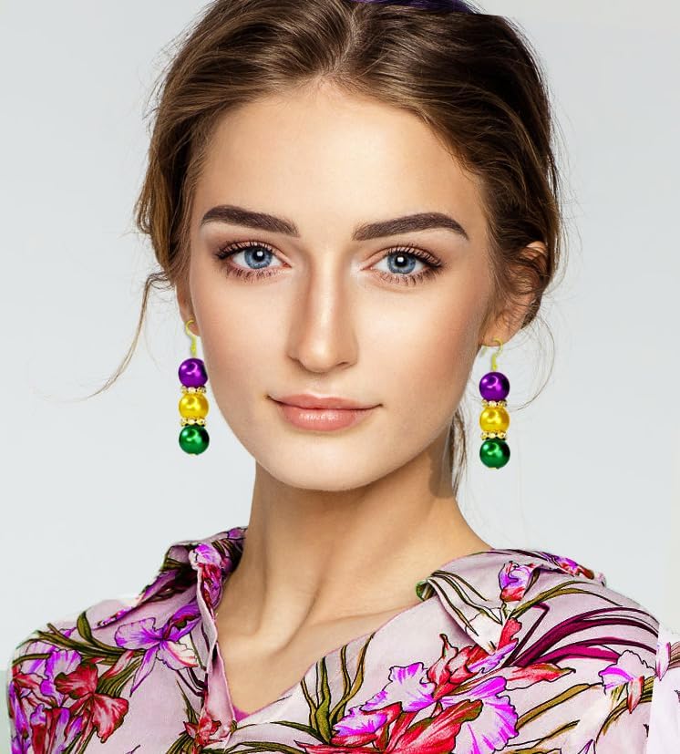 Mardi Gras Earrings, Lightweight Beads Mardi Gras Earrings for Women, Mardi Gras Accessories for Mardi Gras Outfits, Mardi Gras Party Favors 2025 Cute Holiday Jewelry - Image 3