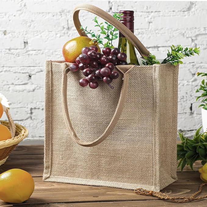 MSYU Lot de 12 grands sacs fourre-tout réutilisables en toile de jute avec poignées - Sacs cadeaux de cuisine réutilisables pour femme, mariage, loisirs créatifs, 40 x 32 x 15 cm, marron, One size